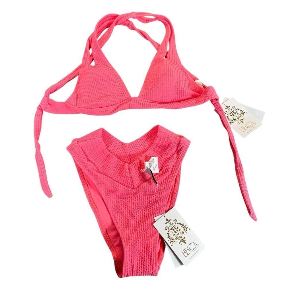 Becca Textured Pucker Up Tear Drop Bikini Swim Top Sz S French Cut Bottom XS Set
